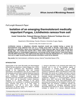 Isolation of an Emerging Thermotolerant Medically Important Fungus, Lichtheimia Ramosa from Soil