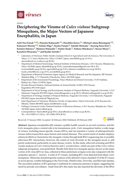 Deciphering the Virome of Culex Vishnui Subgroup Mosquitoes, the Major Vectors of Japanese Encephalitis, in Japan