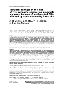 Temporal Changes in the Diet of Two Sympatric Carnivorous Mammals in a Protected Area of South–Central Chile Affected by a Mixed–Severity Forest Fire