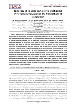 Influence of Spacing on Growth of Dhundul (Xylocarpus Granatum) in the Sundarbans of Bangladesh