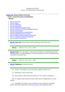 Chapter 58A: Kansas Uniform Trust Code Article 1: General Provisions and Definitions Statutes