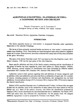 Coleoptera: Elateridae) of India: a Taxonomic Review and Checklist