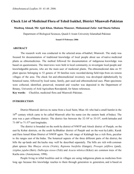 Checklist of Medicinal Flora of Tehsil Isakhel, District Mianwali-Pakistan