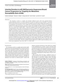 Inherited Variation in Mir-290 Expression Suppresses Breast Cancer Progression by Targeting the Metastasis Susceptibility Gene Arid4b