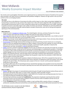 West Midlands Weekly Economic Impact Monitor Issue 24 Publication Date 03/09/20