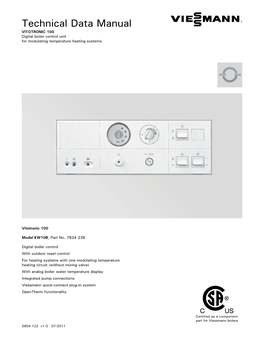 Technical Data Manual VITOTRONIC 100 Digital Boiler Control Unit for Modulating Temperature Heating Systems
