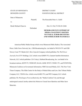 STATE of MINNESOTA DISTRICT COURT HENNEPIN COUNTY FOURTH JUDICIAL DISTRICT State of Minnesota Plaintiff, the Honorable Peter A