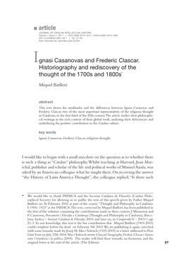 Article Journal of Catalan Intellectual History, Volume I, Issue 1, 2011 | Print ISSN 2014-1572 / Online ISSN 2014-1564 DOI 10.2436/20.3001.02.1 | Pp