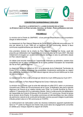 17 Décembre 2019 Page 1 CONVENTION QUINQUENNALE 2020-2024 PREAMBULE La Révision De La Charte Du SM/PNRC : D'une Période D