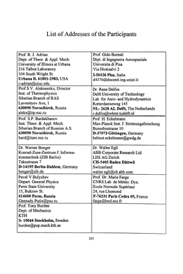 List of Addresses of the Participants