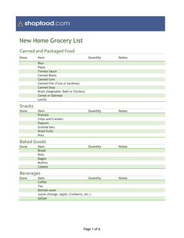 New Home Grocery List