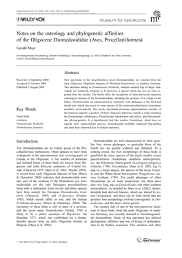 Notes on the Osteology and Phylogenetic Affinities of the Oligocene Diomedeoididae (Aves, Procellariiformes)