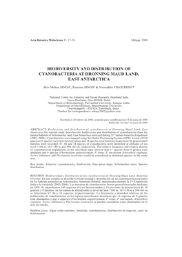 Biodiversity and Distribution of Cyanobacteria at Dronning Maud Land, East Antarctica