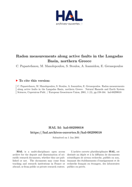 Radon Measurements Along Active Faults in the Langadas Basin, Northern Greece C