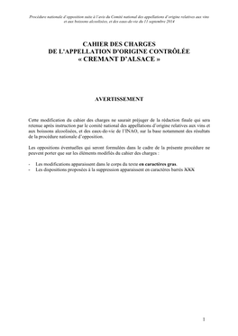 Cahier Des Charges De L'appellation D'origine Contrôlée « Cremant D’Alsace »