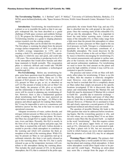 The Terraforming Timeline. A. J. Berliner1 and C. P. Mckay2