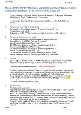 Minutes for the Monthly Meeting of Llantrisant Community Council Held at Caerlan Hall, Llantrisant on 11 February 2020 at 6:30 Pm