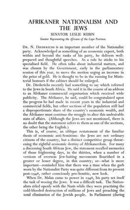 AFRIKANER NATIONALISM and the JEWS SENATOR LESLIE RUBIN Senator Representing the Africans of the Cape Province