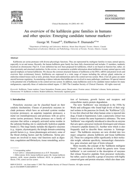 An Overview of the Kallikrein Gene Families in Humans and Other Species: Emerging Candidate Tumour Markers૾