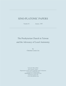 The Presbyterian Church in Taiwan and the Advocacy of Local Autonomy