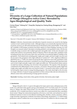 Diversity of a Large Collection of Natural Populations of Mango (Mangifera Indica Linn.) Revealed by Agro-Morphological and Quality Traits