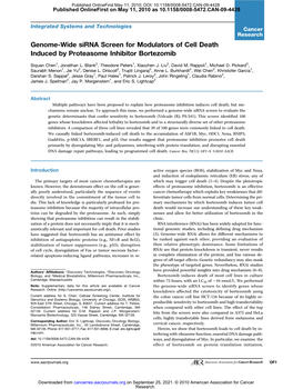 Genome-Wide Sirna Screen for Modulators of Cell Death Induced by Proteasome Inhibitor Bortezomib