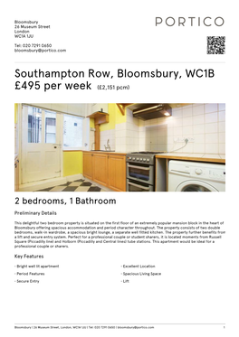 Southampton Row, Bloomsbury, WC1B £495 Per Week