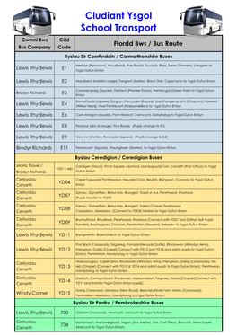 Cludiant Ysgol School Transport Cwmni Bws Côd Ffordd Bws / Bus Route Bus Company Code Bysiau Sir Caerfyrddin / Carmarthenshire Buses