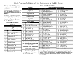 Illinois Federation for Right to Life PAC Endorsements for the 2010 Election