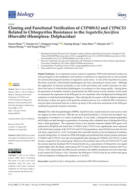 Cloning and Functional Verification of CYP408A3 and CYP6CS3 Related to Chlorpyrifos Resistance in the Sogatella Furcifera