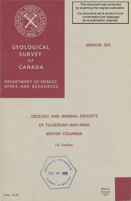 Geology and Mineral Deposits Tulsequah Map-Area, British Columbia (104K)
