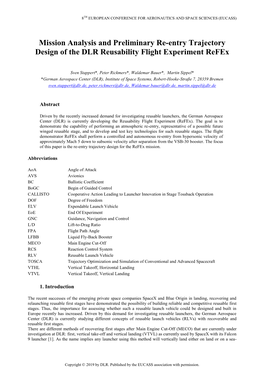 Mission Analysis and Preliminary Re-Entry Trajectory Design of the DLR Reusability Flight Experiment Refex