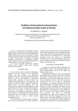 Problems of Intercultural Communication in Temporary Project Teams in Ukraine N