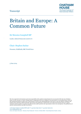 Britain and Europe: a Common Future
