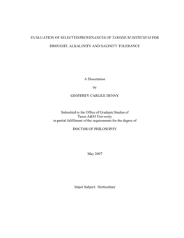 Evaluation of Selected Provenances of Taxodium Distichum For