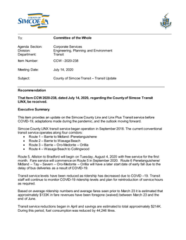CCW 2020-238, Dated July 14, 2020, Regarding the County of Simcoe Transit LINX, Be Received
