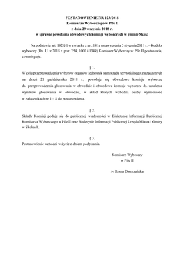 POSTANOWIENIE NR 123/2018 Komisarza Wyborczego W Pile II Z Dnia 29 Września 2018 R