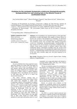 Predation by the Centipede Scolopendra Viridicornis (Scolopendromorpha, Scolopendridae) on Roof-Roosting Bats in the Atlantic Forest of Southeastern Brazil