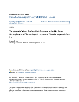 Variations in Winter Surface High Pressure in the Northern Hemisphere and Climatological Impacts of Diminishing Arctic Sea Ice