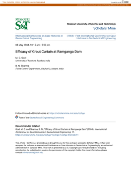 Efficacy of Grout Curtain at Ramganga Dam M