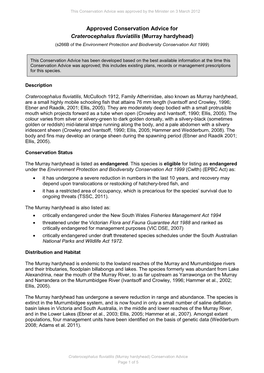 Approved Conservation Advice for Craterocephalus Fluviatilis (Murray Hardyhead) (S266b of the Environment Protection and Biodiversity Conservation Act 1999)