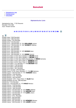 ABC-Listen Zum Familienbuch Rk. Reinsfeld 1703-1899