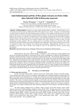 Anti-Schistosomal Activity of Five Plant Extracts on Swiss White Mice Infected with Schistosoma Mansoni