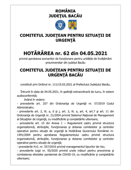 HOTĂRÂREA Nr. 62 Din 04.05.2021 Privind Aprobarea Scenariilor De Funcționare Pentru Unitățile De Învățământ Preuniversitar Din Județul Bacău