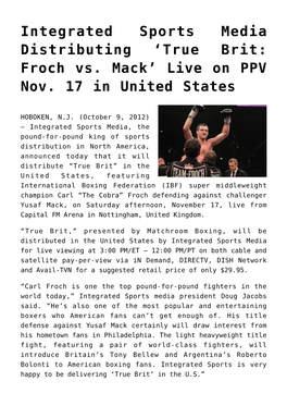 Integrated Sports Media Distributing ‘True Brit: Froch Vs