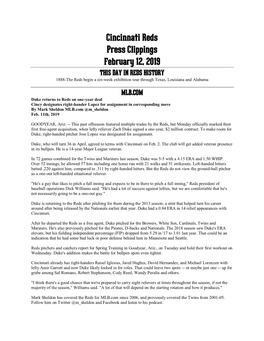 Cincinnati Reds Press Clippings February 12, 2019 THIS DAY in REDS HISTORY 1888-The Reds Begin a Six-Week Exhibition Tour Through Texas, Louisiana and Alabama