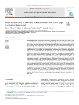 Recent Diversification of Chrysoritis Butterflies in the South African Cape