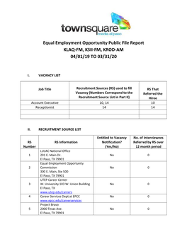 Equal Employment Opportunity Public File Report KLAQ-FM, KSII-FM, KROD-AM 04/01/19 to 03/31/20