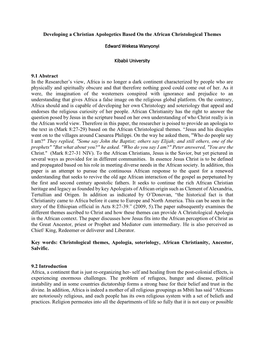 Developing a Christian Apologetics Based on the African Christological Themes Edward Wekesa Wanyonyi Kibabii University 9.1 Abst