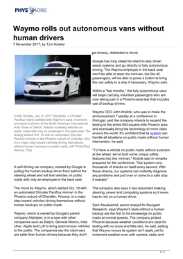 Waymo Rolls out Autonomous Vans Without Human Drivers 7 November 2017, by Tom Krisher